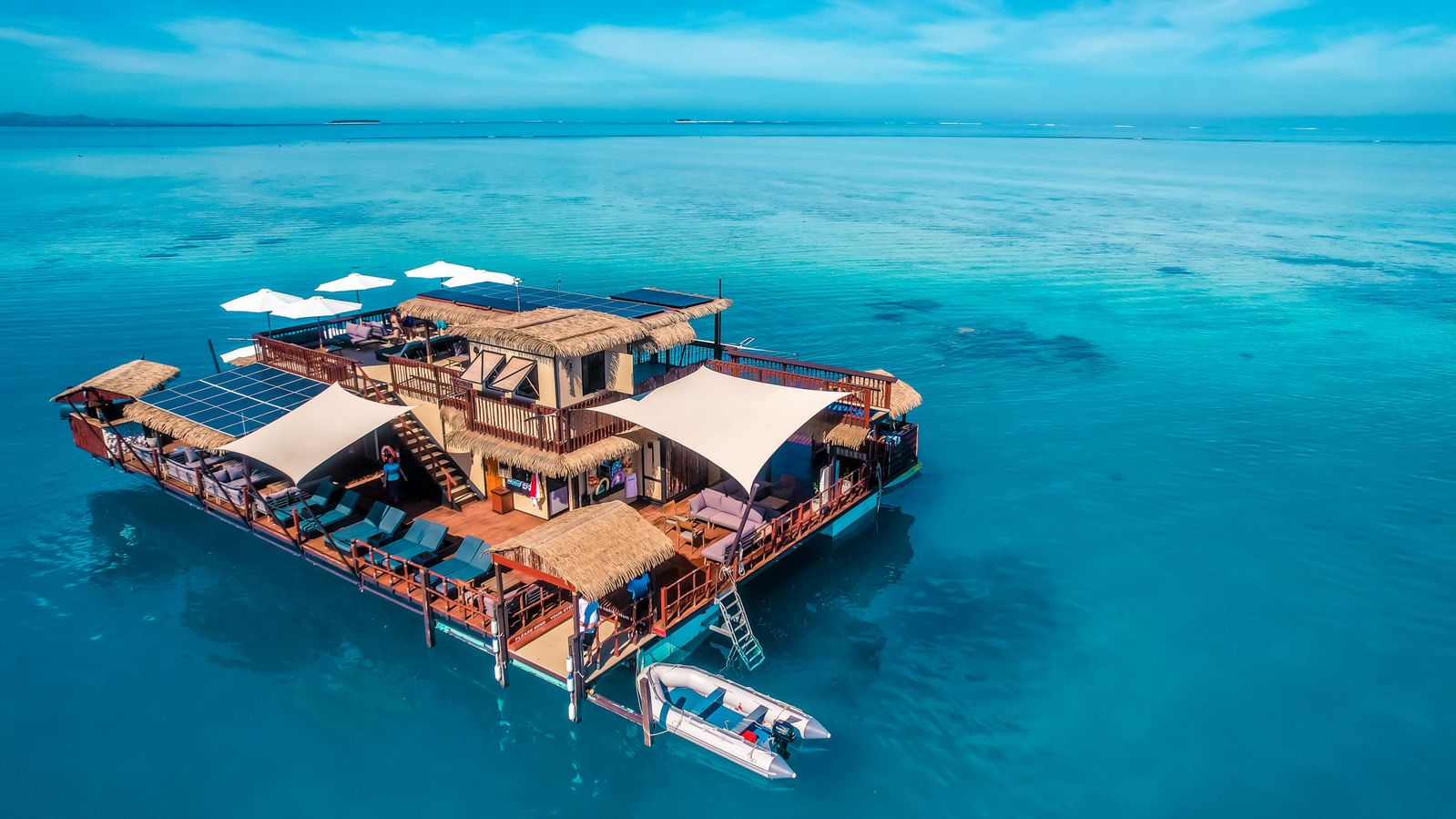 Bird's eye view of Seventh Heaven Raft Bar floating in the Pacific Ocean