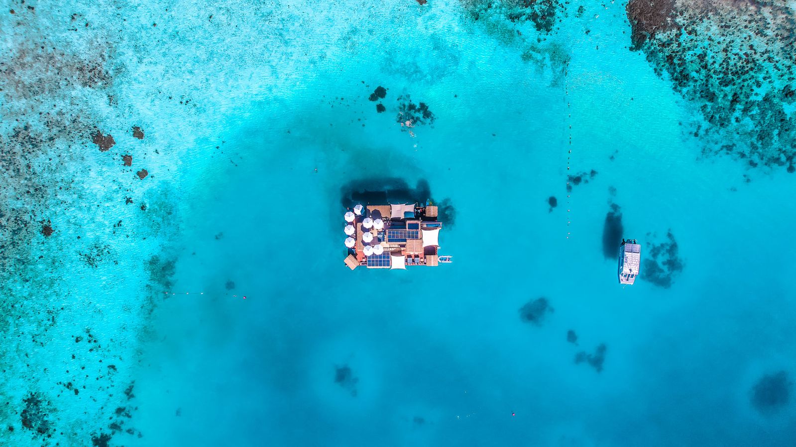 Bird's eye view of Seventh Heaven Raft floating in the Pacific Ocean